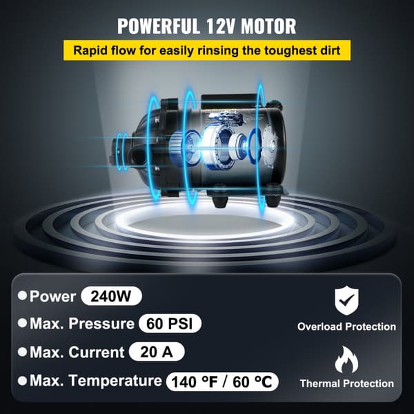 12V DC pesupumppu, 7 GPM, 60 PSI, max. 10 FT itseimevä, EPDM-venttiili, suolavesisuodatin, matkailuautoille ja veneille.
