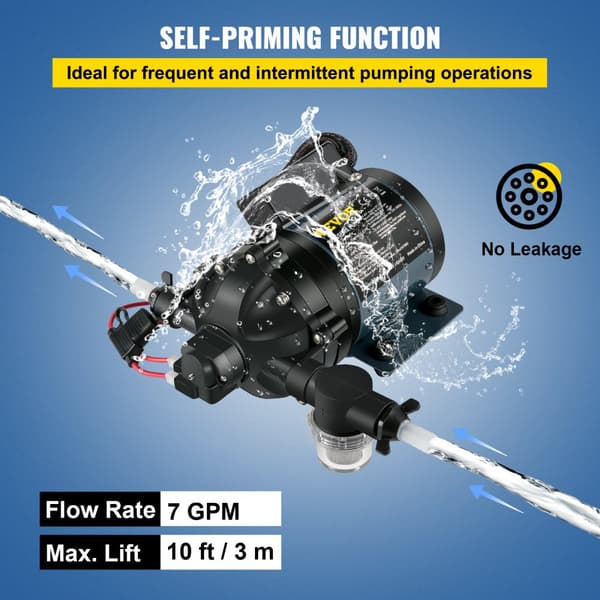 12V DC pesupumppu, 7 GPM, 60 PSI, max. 10 FT itseimevä, EPDM-venttiili, suolavesisuodatin, matkailuautoille ja veneille.