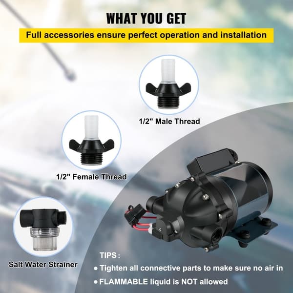 12V DC pesupumppu, 7 GPM, 60 PSI, max. 10 FT itseimevä, EPDM-venttiili, suolavesisuodatin, matkailuautoille ja veneille.