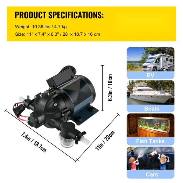 12V DC pesupumppu, 7 GPM, 60 PSI, max. 10 FT itseimevä, EPDM-venttiili, suolavesisuodatin, matkailuautoille ja veneille.