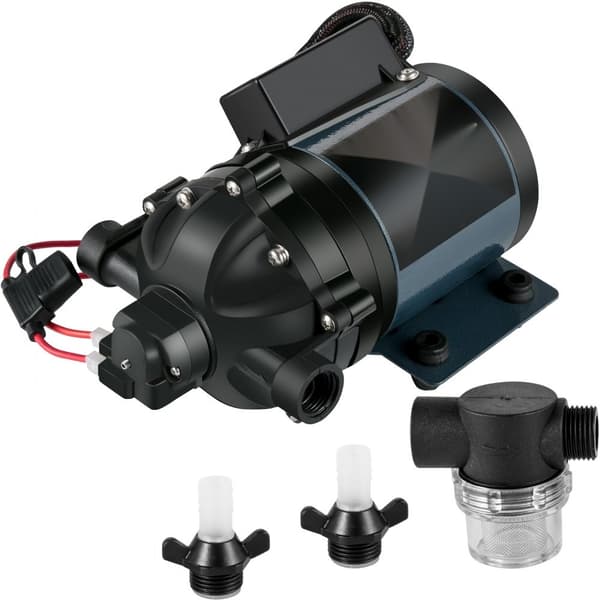 Vaskepumpe, 12V DC, 7 GPM 60 PSI, max. 10 FT løfte, selvansugende. EPDM ventil, universelt saltvandsfilter til autocampere og yachter.
