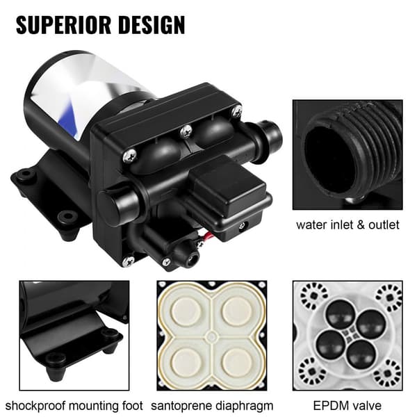 12 V högtrycks membran vattenpump, 3 GPM polypropylen, max. tryck 45 psi, självsugande, med backventil, för husvagn/ båt