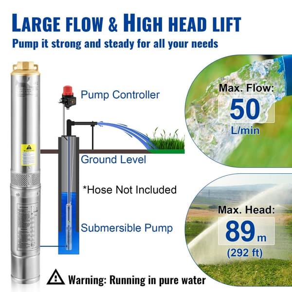 Dykpumpe 550W til dykbrønd, 230V/50Hz, 50L/min, 89m hovedhøjde, 20m ledning, automatisk trykafbryder, rustfrit stål. Ideel til industri.