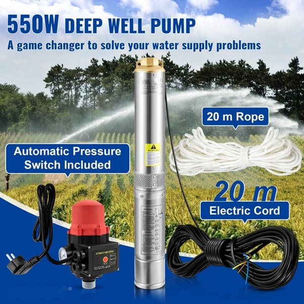 Dykpumpe 550W til dykbrønd, 230V/50Hz, 50L/min, 89m hovedhøjde, 20m ledning, automatisk trykafbryder, rustfrit stål. Ideel til industri.