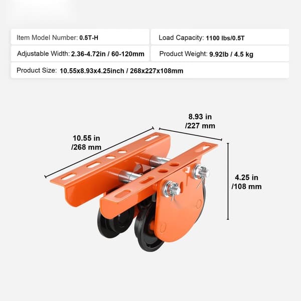 Elektrisk hejsevogn, 1100 lbs/0,5 ton til PA200-500. Dobbelthjul, justerbar flangebredde 2,36"-4,72" til lige og buet I-bjælke.