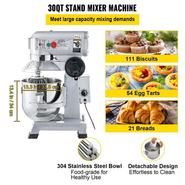 Kommersiel standmixer, 30Qt rustfrit stål, 1500W tung elektrisk mixer med 3 hastigheder. Inkluderer piskeris og dejkrog - ideel til bagerpizzeria.