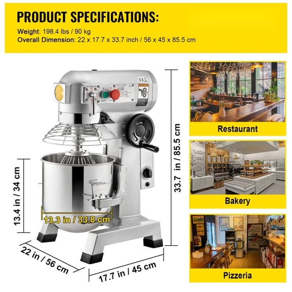 Kommersiel standmixer, 30Qt rustfrit stål, 1500W tung elektrisk mixer med 3 hastigheder. Inkluderer piskeris og dejkrog - ideel til bagerpizzeria.