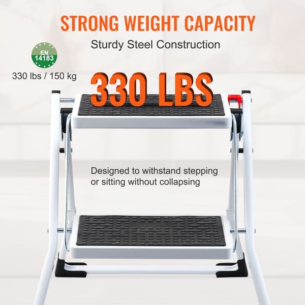 Trappstege 2-stegs 150 kg, ergonomisk hopfällbar i stål med anti-halkpedal, robust för hushåll, kök och kontor.