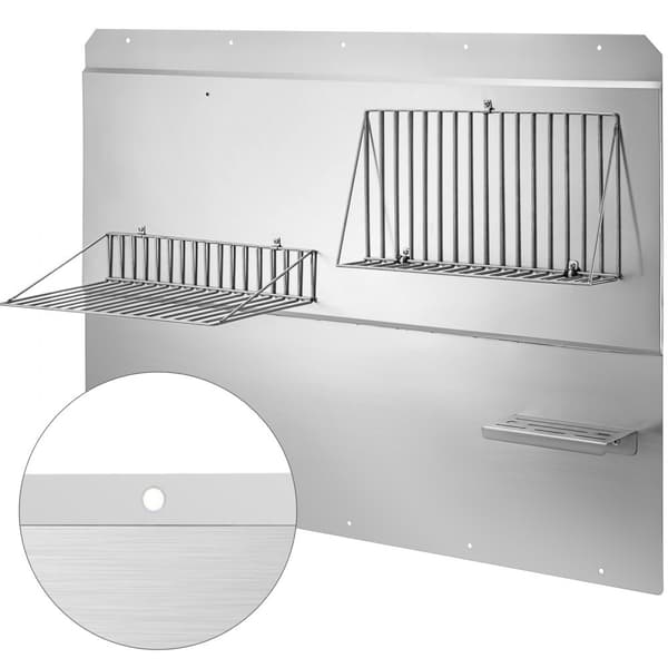 36 x 33,9 tuuman hyllyllä varustettu roostumaton teräs liesituulettimen backsplash hopeana. Irrotettava hylly!