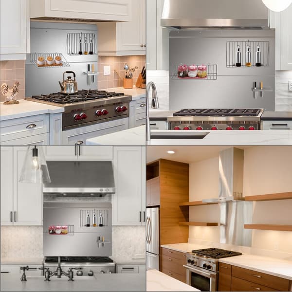 36 x 33,9 tuuman hyllyllä varustettu roostumaton teräs liesituulettimen backsplash hopeana. Irrotettava hylly!