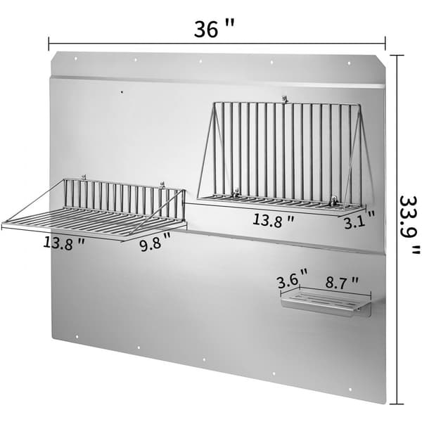 36 x 33,9 tuuman hyllyllä varustettu roostumaton teräs liesituulettimen backsplash hopeana. Irrotettava hylly!