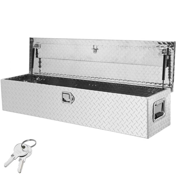 Robust aluminiums værktøjskasse til lastbiler med diamantplade, sidehåndtag og lås. Perfekt til lastbilseng, autocamper eller trailer, 48"x15"x15"
