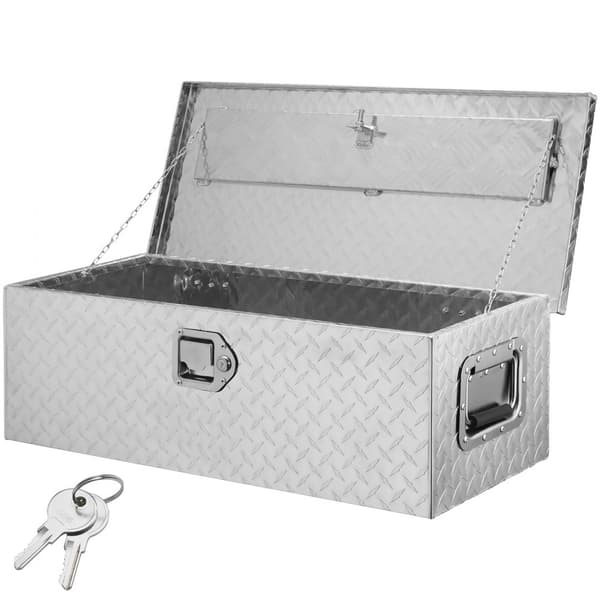 Robust aluminium værktøjskasse til lastbiler, med diamantplade, sidehåndtag og lås. Ideel til opbevaring i trailer eller camper, 30"x13"x9,6".