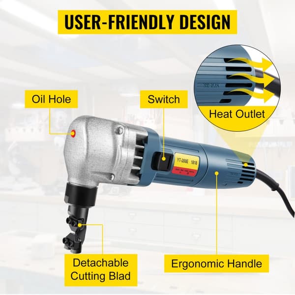 Elektrisk metalnibbler 380W, 1800RPM. Højhastigheds klipper med udskiftelige knive. Ideel til rustfrit stål, aluminium og plastik.