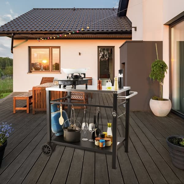 Utomhusgrillvagn med dubbelhylla, rörligt grillbord, rostfritt stål, modulära pizzaugnsvagnar, arbetsbord med hjul.