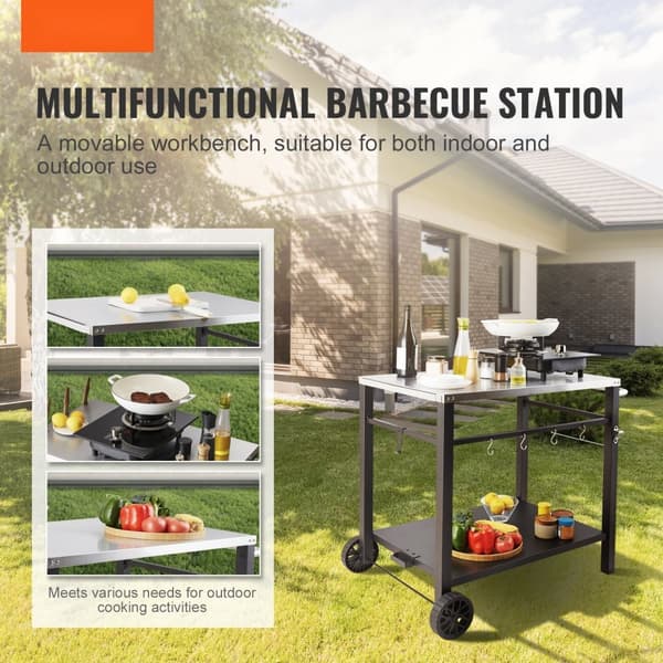 Utomhusgrillvagn med dubbelhylla, rörligt grillbord, rostfritt stål, modulära pizzaugnsvagnar, arbetsbord med hjul.