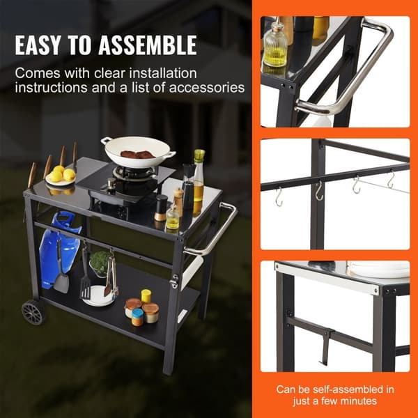 Udendørs grillvogn med dobbelthylder, mobil grillplade, multifunktionel jernbordplade. Bærbar til pizzaovn, 2 hjul og håndtag. Sort design.