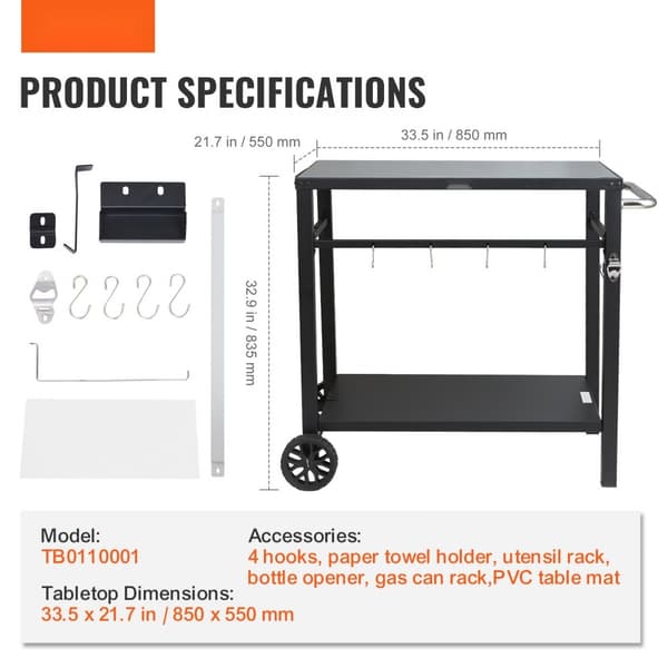 Udendørs grillvogn med dobbelthylder, mobil grillplade, multifunktionel jernbordplade. Bærbar til pizzaovn, 2 hjul og håndtag. Sort design.
