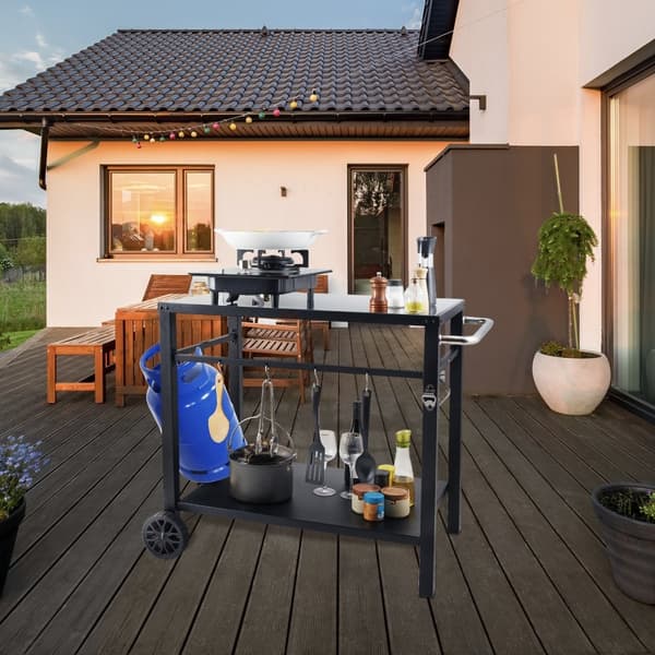 Udendørs grillvogn med dobbelthylder, mobil grillplade, multifunktionel jernbordplade. Bærbar til pizzaovn, 2 hjul og håndtag. Sort design.