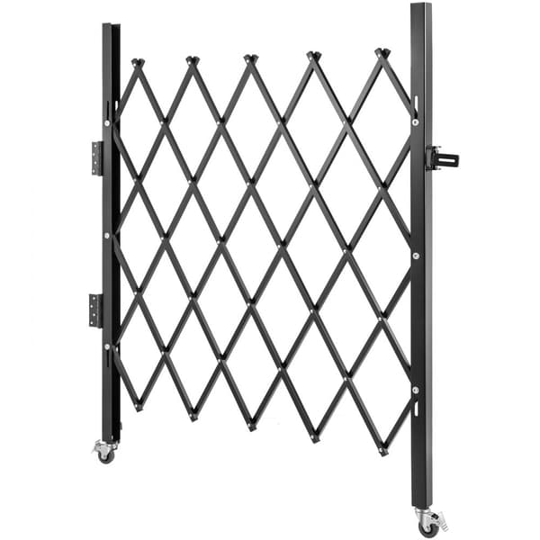 En vikbar säkerhetsgrind, 48" H x 66" W, stålport, expanderande, 360° rullbarrikad, saxport med hänglås.