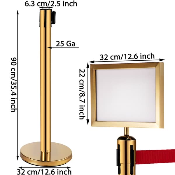 Rungenpfostenabsperringer, 4-pak liniedelere med 6,6 røde indtrækkelige bælter og skilt. Sikkerhedsring til kø ved 34,6 cm (guld).
