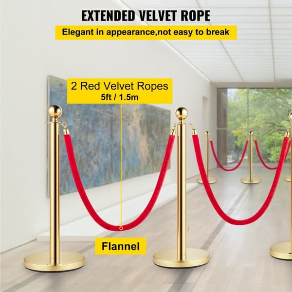 Sæt med 2 guld barriere-poster og 1,5 m rødt reb til sikkerhed og crowd control. Rund top design til effektiv opdeling.