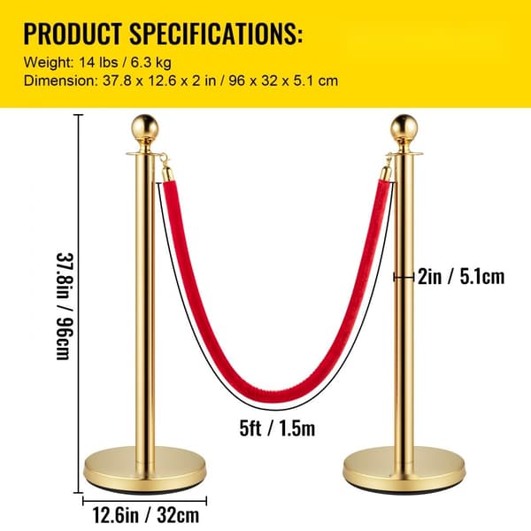 Sæt med 2 guld barriere-poster og 1,5 m rødt reb til sikkerhed og crowd control. Rund top design til effektiv opdeling.