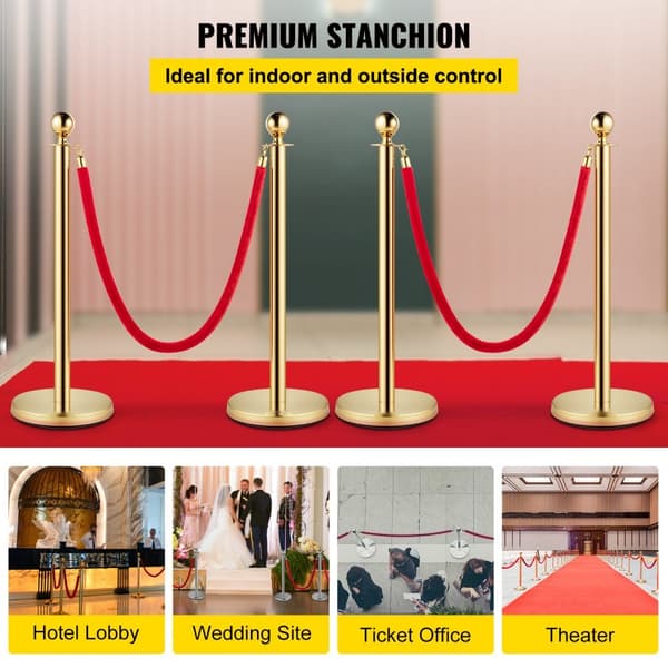 Sæt med 2 guld barriere-poster og 1,5 m rødt reb til sikkerhed og crowd control. Rund top design til effektiv opdeling.