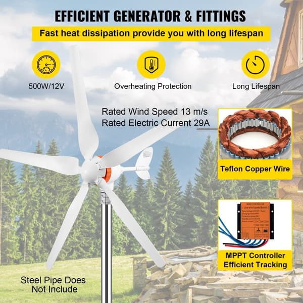Vindmøllegenerator 500W, 12/24V (Auto) elektrisk MPPT-controller, 13m/s vindkraftanlæg med 5 blade til strømtilskud.