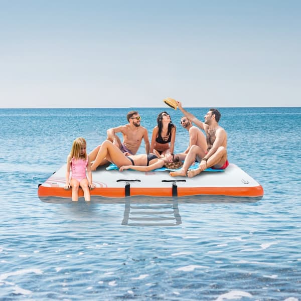 Oppustelig flydedok, 8 x 6FT, skridsikker platform med bærbar taske og stige – ideel til pool, strand og vandleg.