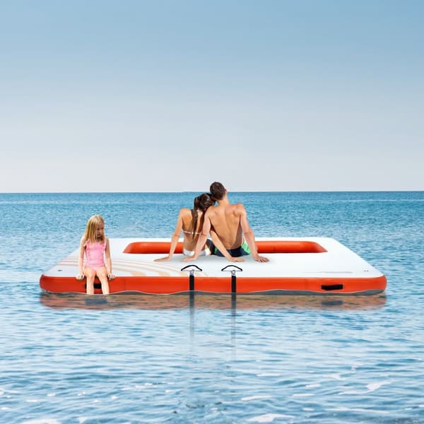 Oppustelig flydende dock, 10x10FT platform med trampolin, skridsikker vandmåtte og bærbar taske til pool og strandafslapning.