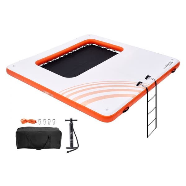Uppblåsbar flytdocka 10x10FT med trampolinnät, halkfri plattform, bärväska och avtagbar stege för poolavkoppling.