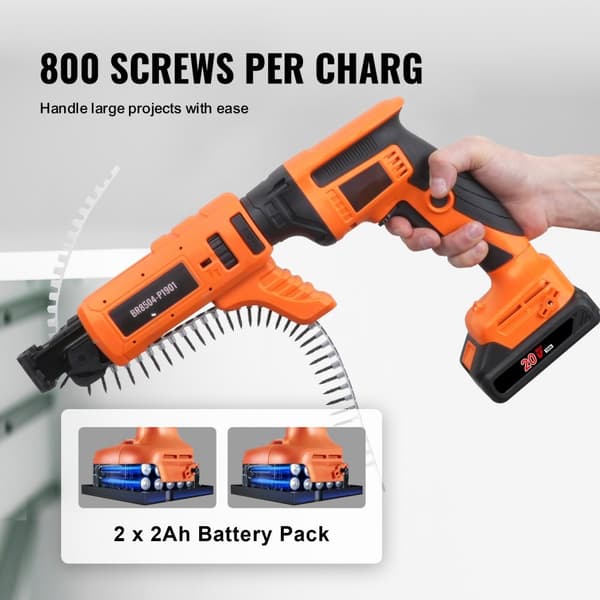 Gipsvægsskruepistol med Auto-Feed, 20V, 4200RPM, børsteløs. Inkl. 2 batterier, oplader, bælteclips og værktøjstaske. Justerbar skruedybde.