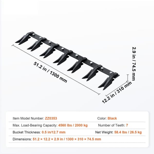Skoptandstång 53'', kraftig för sub-kompakt traktorlastare, 4560 lbs kapacitet, passar skopans skärkanter 1/2" eller mindre.
