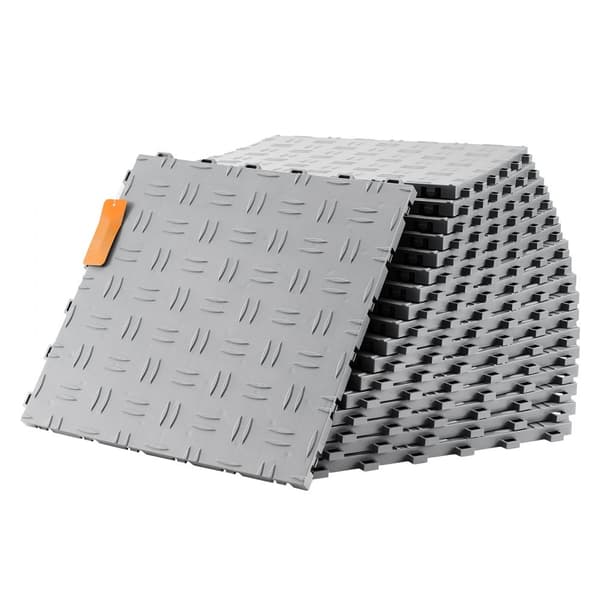 Sammenlåsende garagefliser 12x12x0,53 tommer, 50-pak, skridsikre, dobbeltsidede. Ideelle til garage, kælder og værksted. Farve: sølv.