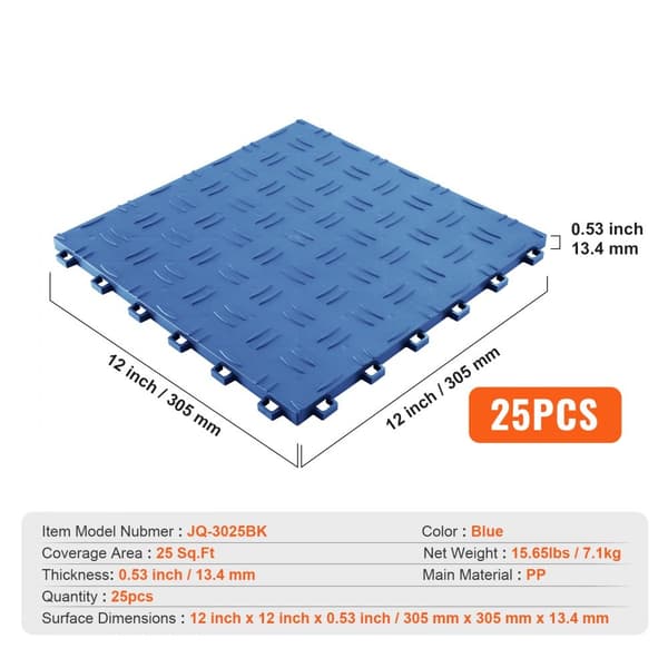 Garageplattor 12x12x0,53 tum, 25-pack, halkfria dubbelsidiga texturer för garagegolv, källare och verkstäder, blå.
