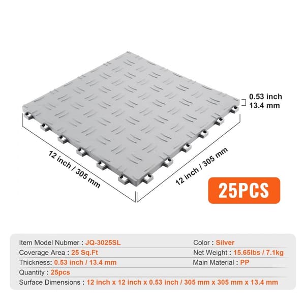 Sammenlåsende garagefliser, 12"x12"x0,53", 25-pak. Skridsikre, dobbeltsidede fliser til garager, kældre og værksteder i sølv.
