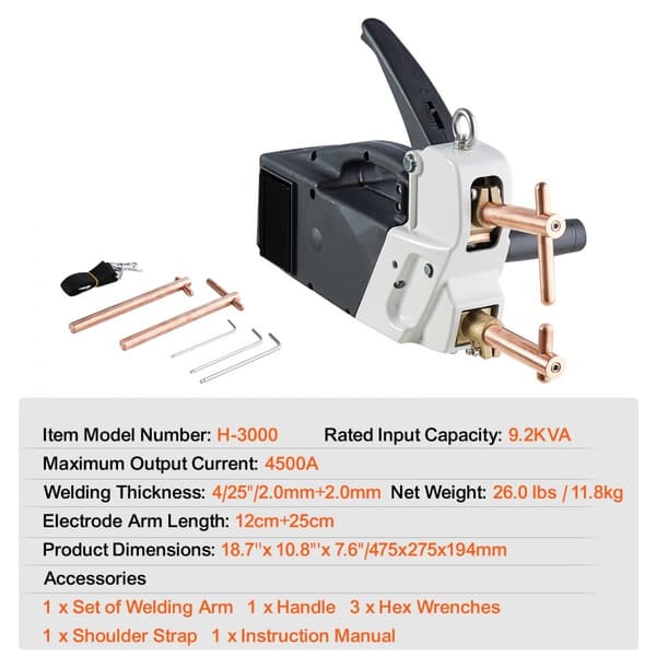 Bærbar punktsvejser: 4/25-tommer, 9,2KVA, håndholdt svejsepistol til metal. Ideel til kulstofstål, rustfrit stål og aluminium.