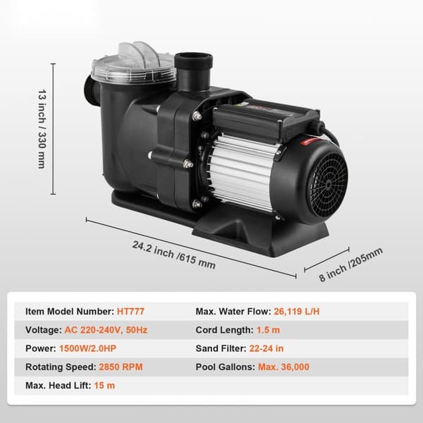 Maanpäällinen 1500W/2,0HP uima-allaspumppu, 2850rpm, max. nostokorkeus 15m, suodatinkori, kylpylöihin.