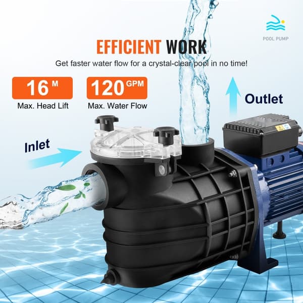 Svømmebassinpumpe 2.5HK 120GPM Enkelthastighed 220V 2850RPM, 50ft max løftehøjde, ideel til overjordiske pools og spabade.