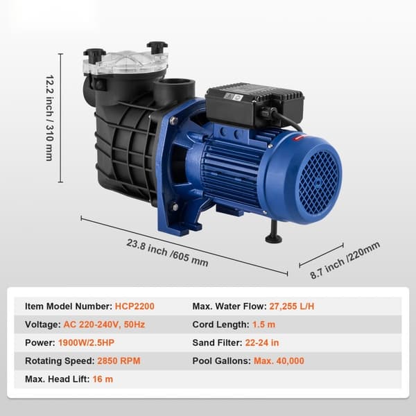 Svømmebassinpumpe 2.5HK 120GPM Enkelthastighed 220V 2850RPM, 50ft max løftehøjde, ideel til overjordiske pools og spabade.