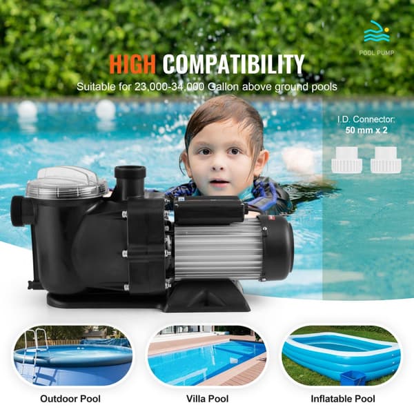 Overjordisk swimmingpoolpumpe 1,5 HK, enkelthastighed, 100 GPM, 2850 RPM, UL-godkendt. Effektiv og pålidelig til din pool!