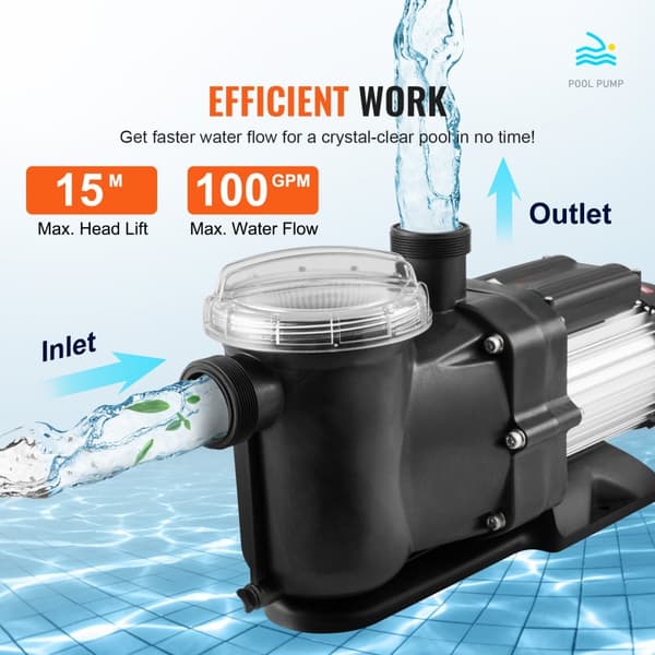 Overjordisk swimmingpoolpumpe 1,5 HK, enkelthastighed, 100 GPM, 2850 RPM, UL-godkendt. Effektiv og pålidelig til din pool!