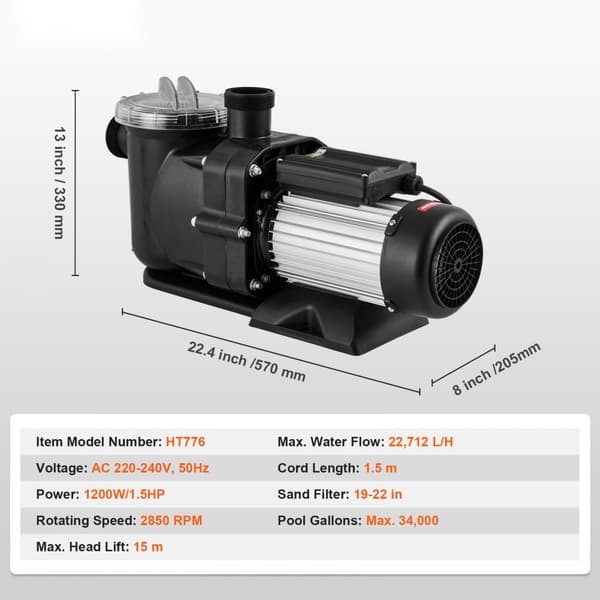 Overjordisk swimmingpoolpumpe 1,5 HK, enkelthastighed, 100 GPM, 2850 RPM, UL-godkendt. Effektiv og pålidelig til din pool!