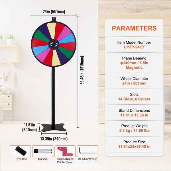 24 tommer spinning præmiehjul med 14 slots, roulettehjul og markører. Perfekt til fest, messe eller karneval!