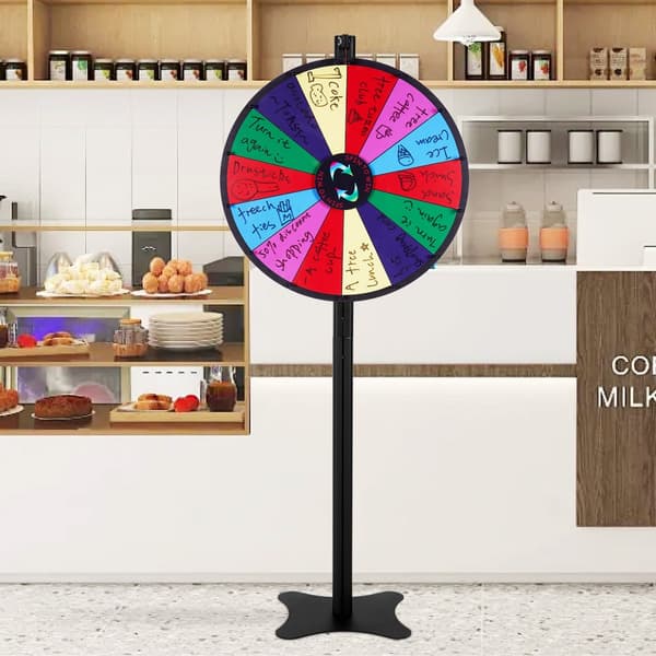 24 tommer spinning præmiehjul med 14 slots, roulettehjul og markører. Perfekt til fest, messe eller karneval!