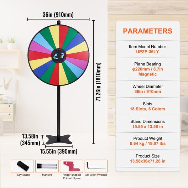 36-tommer spin-præmiehjul med 18 slots, roulettehjul til fest og messer. Perfekt til underholdning i bar eller på gulvet!