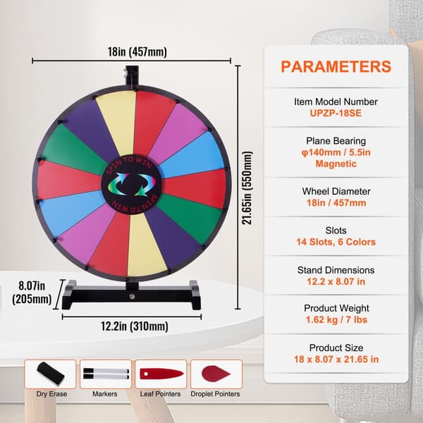 18 tommer præmiehjul til fest, 14-slots bordspil, robust roulette med tør rensning og 2 markører. Vinder i Fortune Spin!