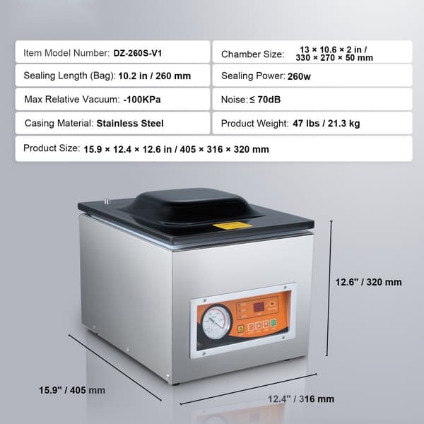 Kammio tyhjiötiiviste 260 W, kompakti, 10,2" tiivistyspituus, tehokas märkäruokien pakkaamiseen.