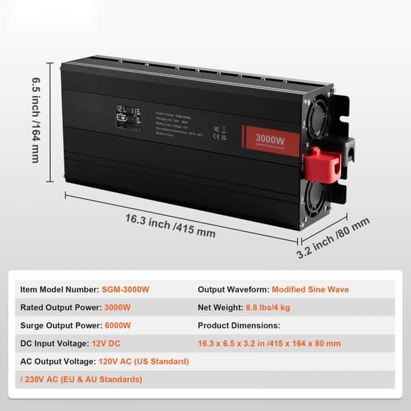 Modifierad sinusvåg växelriktare 3000W DC12V till AC230V med LCD-skärm, CE, FCC.